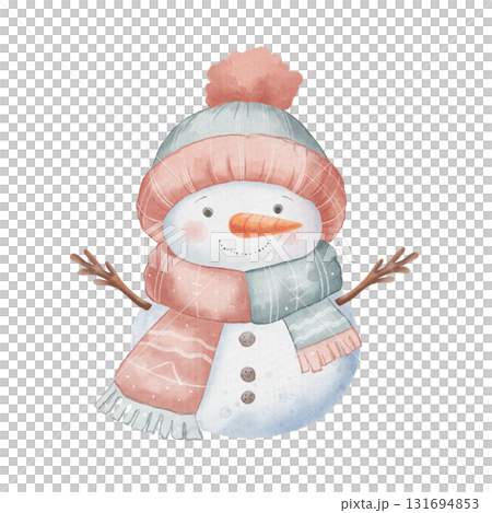 Cute, cheerful snowman wearing hat and scarf. Watercolor illustration, children style. Character for illustrating winter holidays, Christmas, New Year Cute, cheerful snowman wearing hat and scarf. Watercolor illustration, children style. Character for illustrating winter holidays, Christmas, New Year 131694853