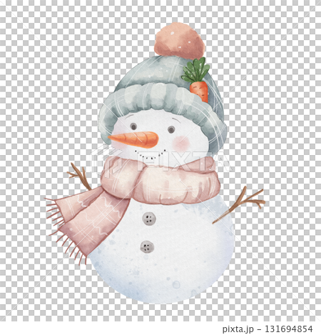 Cute snowman in pastel colors, wearing carrot hat and delicate scarf. Character for illustrating winter days, holidays and Christmas weekends. White background, isolated 131694854
