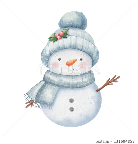 Watercolor snowman with rosy cheeks, wearing blue hat and scarf. Cute children character for illustrating Christmas and New Year celebrations. Cheerful winter days 131694855