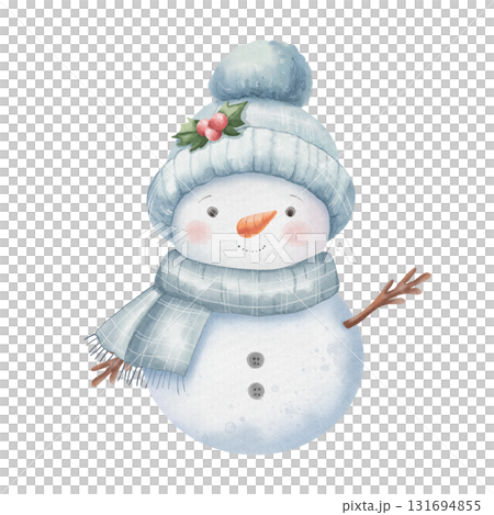 Watercolor snowman with rosy cheeks, wearing blue hat and scarf. Cute children character for illustrating Christmas and New Year celebrations. Cheerful winter days 131694855