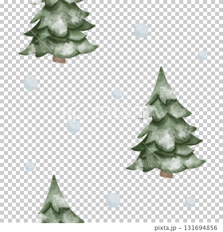 Seamless watercolor pattern with snow-covered Christmas trees and light blue snowballs on white background. Winter festive design for wrapping paper, fabric, or holiday decor 131694856