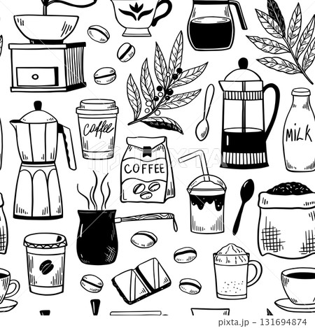 Seamless pattern with coffee pots, coffee cups, grinder and percolator. Black and white illustration for menu, packaging. Seamless pattern with coffee pots, coffee cups, grinder and percolator. Black and white illustration for menu, packaging. 131694874