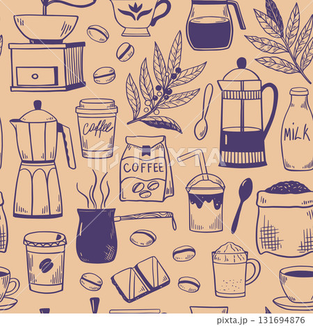 Seamless pattern with coffee pots, coffee cups, grinder and percolator. Black and white  illustration for menu, packaging. 131694876