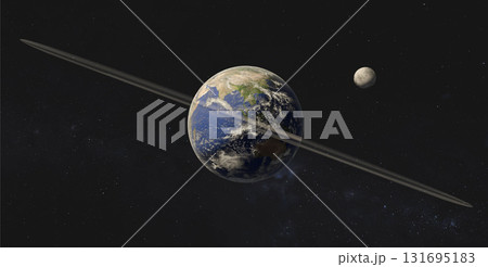 Conceptual illustration of Earth with a prominent ring system encircling the planet along its equatorial plane. 131695183