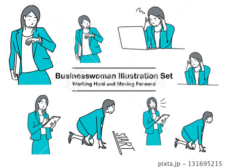 イラスト素材: 働く女性ビジネスパーソンのがんばるオフィスシーンセット イラスト素材: 働く女性ビジネスパーソンのがんばるオフィスシーンセット 131695215