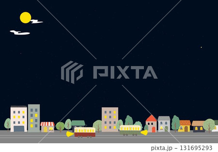 夜の街並みと路面電車のイラスト／星空の背景素材 131695293