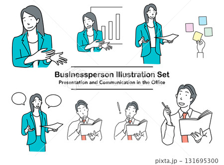 イラスト素材: プレゼンや会話をするビジネスパーソンのオフィスシーンセット イラスト素材: プレゼンや会話をするビジネスパーソンのオフィスシーンセット 131695300