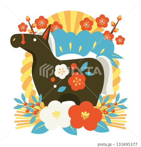 午年年賀アイコン07レトロカラー、しめ飾り、黒馬、イラスト、かわいい 131695377