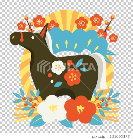 午年年賀アイコン07レトロカラー、しめ飾り、黒馬、イラスト、かわいい 131695377