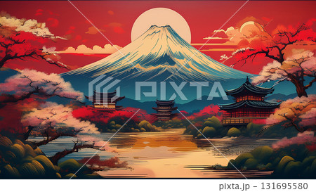 海岸から見た富士山の浮世絵風イラスト 海岸から見た富士山の浮世絵風イラスト 131695580