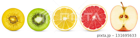 Isolated fruits halves. Cut apple, green kiwi, golden kiwi, lemon, grapefruit in a row isolated with clipping path Isolated fruits halves. Cut apple, green kiwi, golden kiwi, lemon, grapefruit in a row isolated with clipping path 131695633
