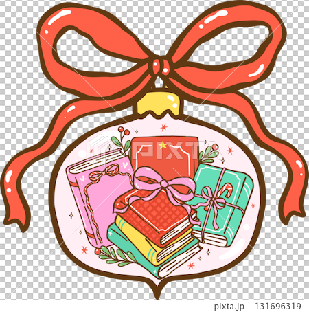 Gingham Preppy Christmas Bookish Reading, Christmas Ornament with Stack of Books Illustration Cartoon Hand Drawn 131696319