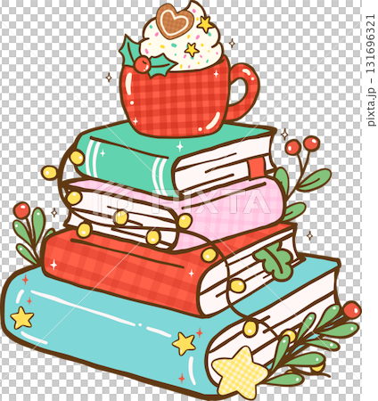 Gingham Preppy Cozy Christmas Bookish Reading, Festive Hot Drink on Stack Books Illustration Cartoon Hand Drawn 131696321
