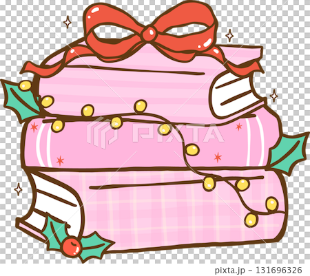 Gingham Preppy Christmas Bookish Reading, Stack of Books with Christmas Decoration Illustration Cartoon Hand Drawn 131696326