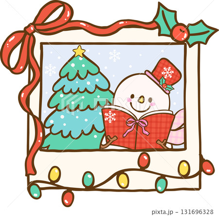 Gingham Preppy Christmas Bookish Reading,  Snowman Singing Christmas Carols in photo frame Cartoon Hand Drawn 131696328