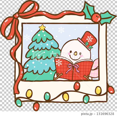 Gingham Preppy Christmas Bookish Reading,  Snowman Singing Christmas Carols in photo frame Cartoon Hand Drawn 131696328