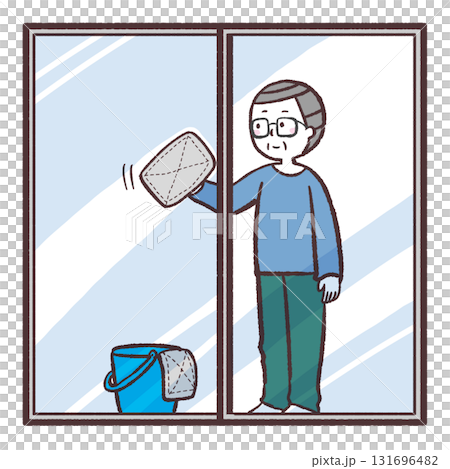 Illustration of a senior man cleaning windows 131696482