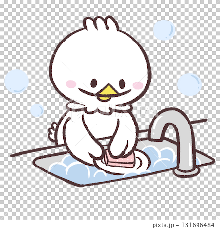 Illustration of a white bird doing the washing up Illustration of a white bird doing the washing up 131696484