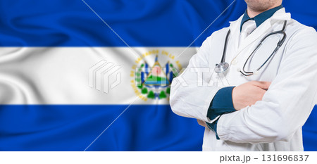 El Salvador healthcare concept. Male doctor on El Salvador flag. Doctor with crossed arms on El Salvador flag 131696837