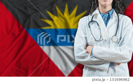 Medical professional on Antigua and Barbuda flag. Healthcare and wellness in Antigua and Barbuda, Concept 131696962