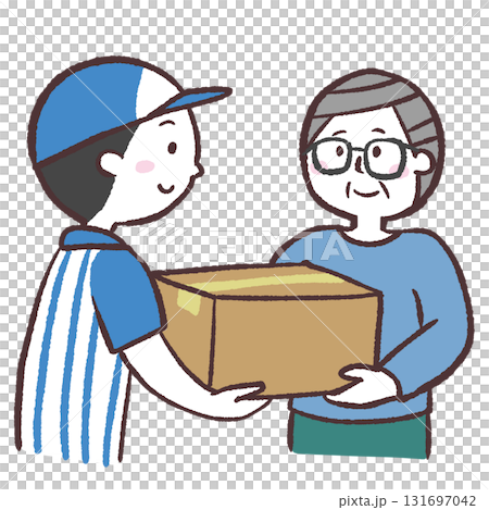 Illustration of a senior man receiving a package from a delivery person 131697042
