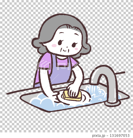 一位高級婦女洗碗的插圖 一位高級婦女洗碗的插圖 131697053