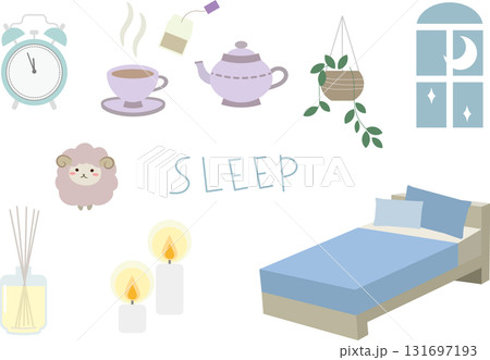 安眠を誘うナイトタイムのアイテムのイラスト素材セット 安眠を誘うナイトタイムのアイテムのイラスト素材セット 131697193