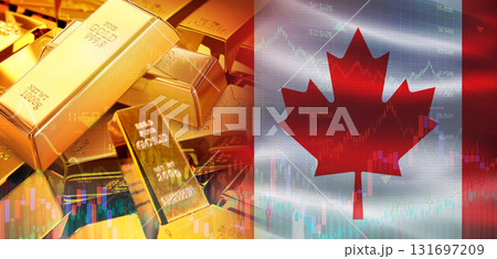 Gold bars stacked on Canadian flag. Canada gold reserves, Concept 131697209