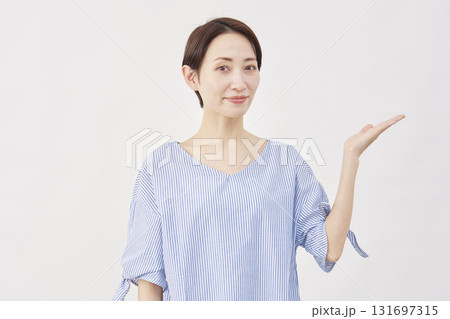 女性　ミドルエイジ　手のひらで右を指す　白背景 131697315