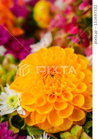 Autumn Fall Bouquet for Thanksgiving holiday. Seasonal Warm colorful blossom flowers arrangement festive decoration. Selective Autumn Fall Bouquet for Thanksgiving holiday. Seasonal Warm colorful blossom flowers arrangement festive decoration. Selective 131697332