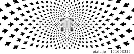 Arrow optical illusion background. Black and white hypnotic rotating arrows surface. Spinning spiral poster design. Abstract illusion wallpaper for banner, template design. Vector force field concept Arrow optical illusion background. Black and white hypnotic rotating arrows surface. Spinning spiral poster design. Abstract illusion wallpaper for banner, template design. Vector force field concept 131698333