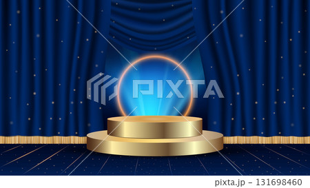 Empty golden podium on a soft blue background, illuminated by a gentle neon effect and decorative bokeh lights on a curtain backdrop. Perfect for product presentations or award ceremonies. 131698460