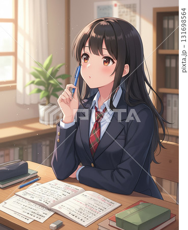 教室で物思いに耽る女子高生 131698564
