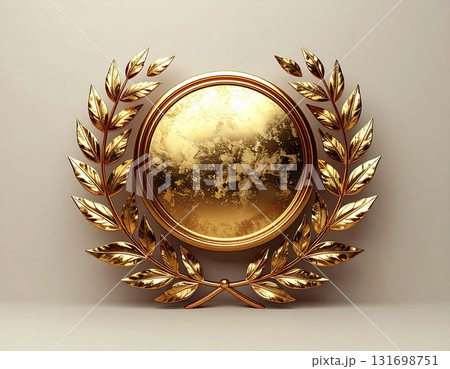 月桂樹のリースに囲まれた上品なエンブレムデザイン｜受賞・表彰・認定証に使える高品質な金色の装飾イラス 131698751