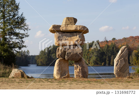 Inukshuk sculpture in Muskoka park, Canada. 131698772