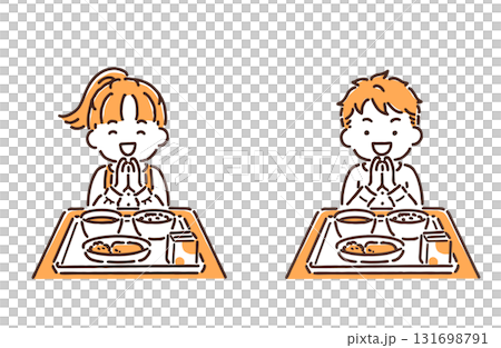 一組小學男孩和女孩手牽手吃學校午餐 131698791