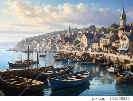 青い海と石畳の岸壁、教会の尖塔が立つヨーロッパの港町イラスト 131698830