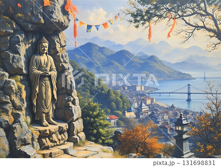 磨崖仏が佇む岩場から見下ろす、秋の瀬戸内海の港町風景（油絵風） 131698831