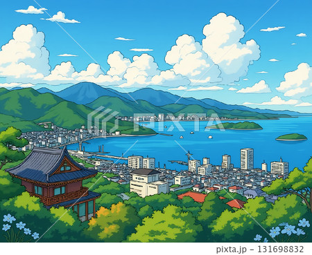 山々と青い海、寺院が見える瀬戸内海のアニメ風港町風景 131698832