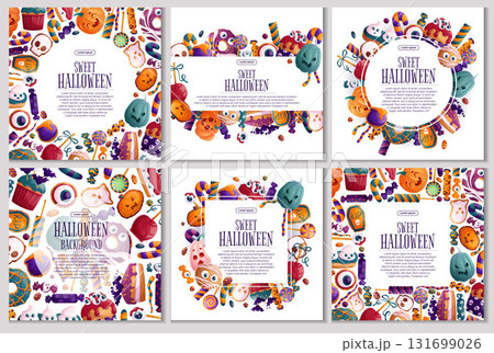 A set of backgrounds with Halloween elements. Decorative frame with sweets, candies, pumpkins and pastries for posters, flyers, postcards and invitations to Halloween parties. Vector illustration A set of backgrounds with Halloween elements. Decorative frame with sweets, candies, pumpkins and pastries for posters, flyers, postcards and invitations to Halloween parties. Vector illustration 131699026