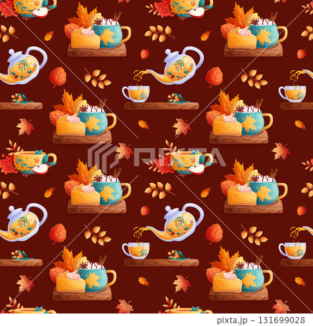 Seamless pattern with autumn drinks and pastries, leaves. The concept of autumn, Thanksgiving. Vector illustration for seasonal design of postcards, banners, posters and promotions Seamless pattern with autumn drinks and pastries, leaves. The concept of autumn, Thanksgiving. Vector illustration for seasonal design of postcards, banners, posters and promotions 131699028