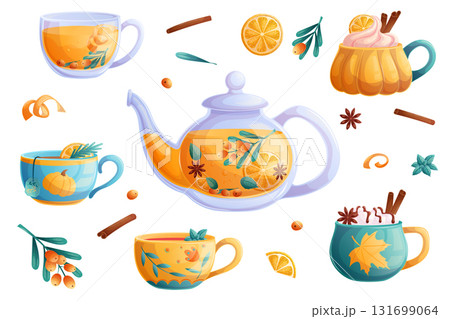 A set of cups with autumn drinks, a pot of tea on a white background. Autumn concept, tea shop, tea party. Isolated vector illustration for the design of poster, banner, website, menu, advertisement 131699064