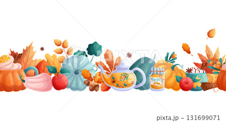 Seamless border with autumn leaves, drinks, food on a white background. The concept of autumn, tea drinking. Vector illustration for the design of postcards, advertisements, banners, posters, websites Seamless border with autumn leaves, drinks, food on a white background. The concept of autumn, tea drinking. Vector illustration for the design of postcards, advertisements, banners, posters, websites 131699071