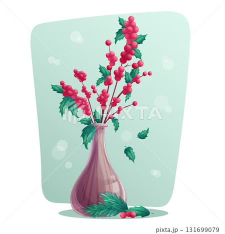 Christmas holly branches with green-blue leaves and red berries in a vase. The concept of Christmas, New Year, holiday. Vector illustration for postcard, poster, banner, website, print design Christmas holly branches with green-blue leaves and red berries in a vase. The concept of Christmas, New Year, holiday. Vector illustration for postcard, poster, banner, website, print design 131699079