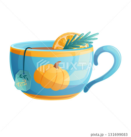 Blue cup of tea on a white background, tea bag, orange, rosemary. Autumn concept, tea shop, tea party. Isolated vector illustration for poster, banner, website, menu, advertisement design Blue cup of tea on a white background, tea bag, orange, rosemary. Autumn concept, tea shop, tea party. Isolated vector illustration for poster, banner, website, menu, advertisement design 131699083