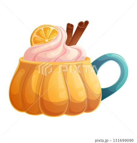 An orange pumpkin-shaped cup with a drink on a white background. The concept of autumn, warming drinks. Isolated vector illustration for the design of poster, banner, website, menus, advertisement. An orange pumpkin-shaped cup with a drink on a white background. The concept of autumn, warming drinks. Isolated vector illustration for the design of poster, banner, website, menus, advertisement. 131699090