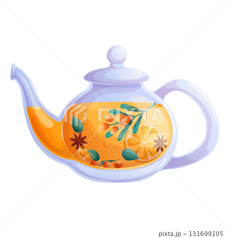 Glass teapot with sea buckthorn tea on a white background. The concept of autumn, tea shop, tea party. Isolated vector illustration for the design of poster, banner, website, menu, advertisement 131699105