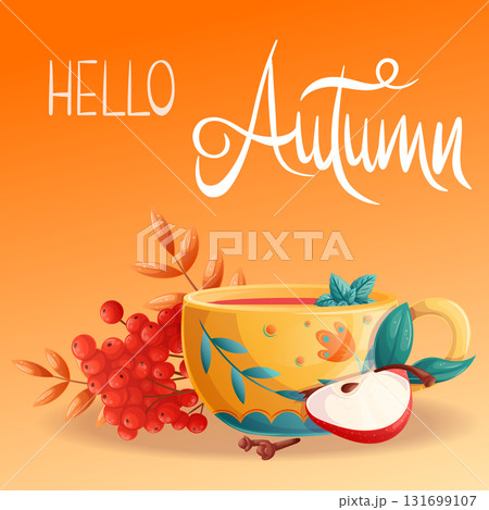 A square autumn postcard with a cup of hot drink, a sprig of mountain ash, and a slice of apple. Hello autumn. Vector illustration for seasonal design of postcards, banners, posters and promotions. A square autumn postcard with a cup of hot drink, a sprig of mountain ash, and a slice of apple. Hello autumn. Vector illustration for seasonal design of postcards, banners, posters and promotions. 131699107