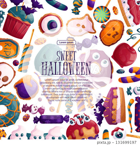 Colorful background with Halloween elements. A square frame with sweets, candies, pumpkins and pastries for posters, flyers, postcards and invitations to Halloween parties. Vector illustration 131699197