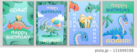 Set of children's birthday greeting card with dinosaurs. The concept of a birthday party, celebration, congratulations, invitations. Vector illustration. Set of children's birthday greeting card with dinosaurs. The concept of a birthday party, celebration, congratulations, invitations. Vector illustration. 131699198